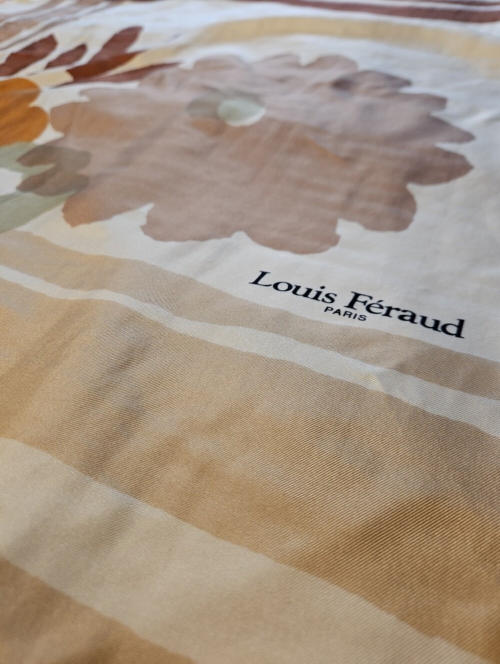 Louis Féraud Floral Silk Scarf in Cream and Brown Tones-Made in France - Picture 3 of 11